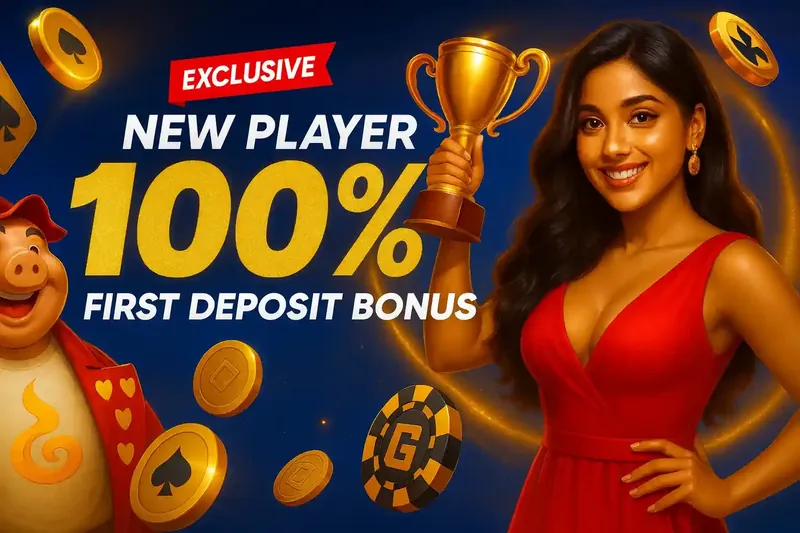 100% first deposit bonus offer with golden trophy and casino elements