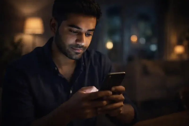 Young man browsing casino app on mobile phone at night